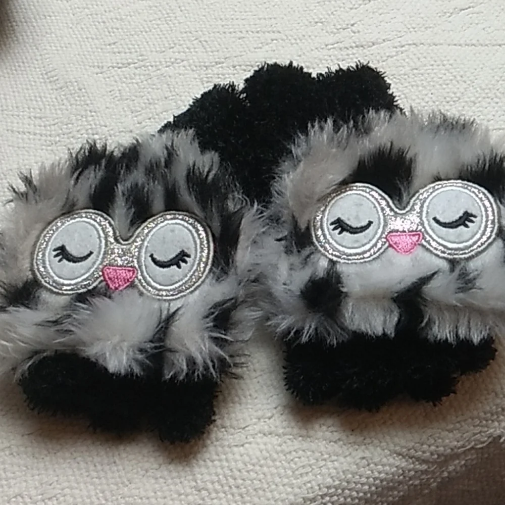 Wonder Nation kids scarf & gloves Owls Black, White w Pink 100% polyester